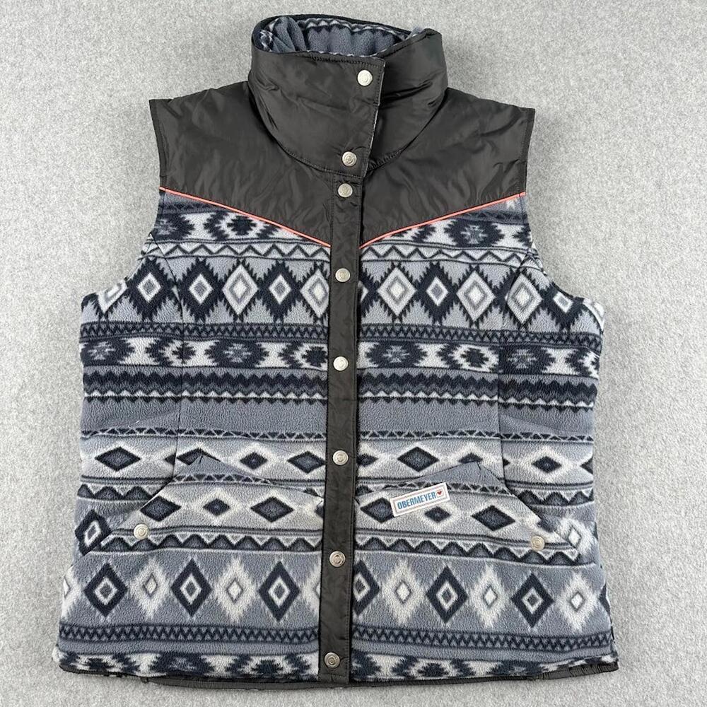 Obermeyer Women Carson Duck Down Vest Aztec Gunsmoke Gray Print Medium Chore Cow